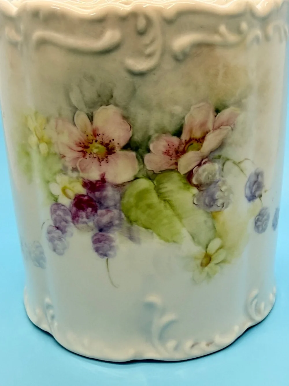 Vintage Porcelain Embossed Biscuit Jar & Lid Handpainted w Pastel Floral Motifs